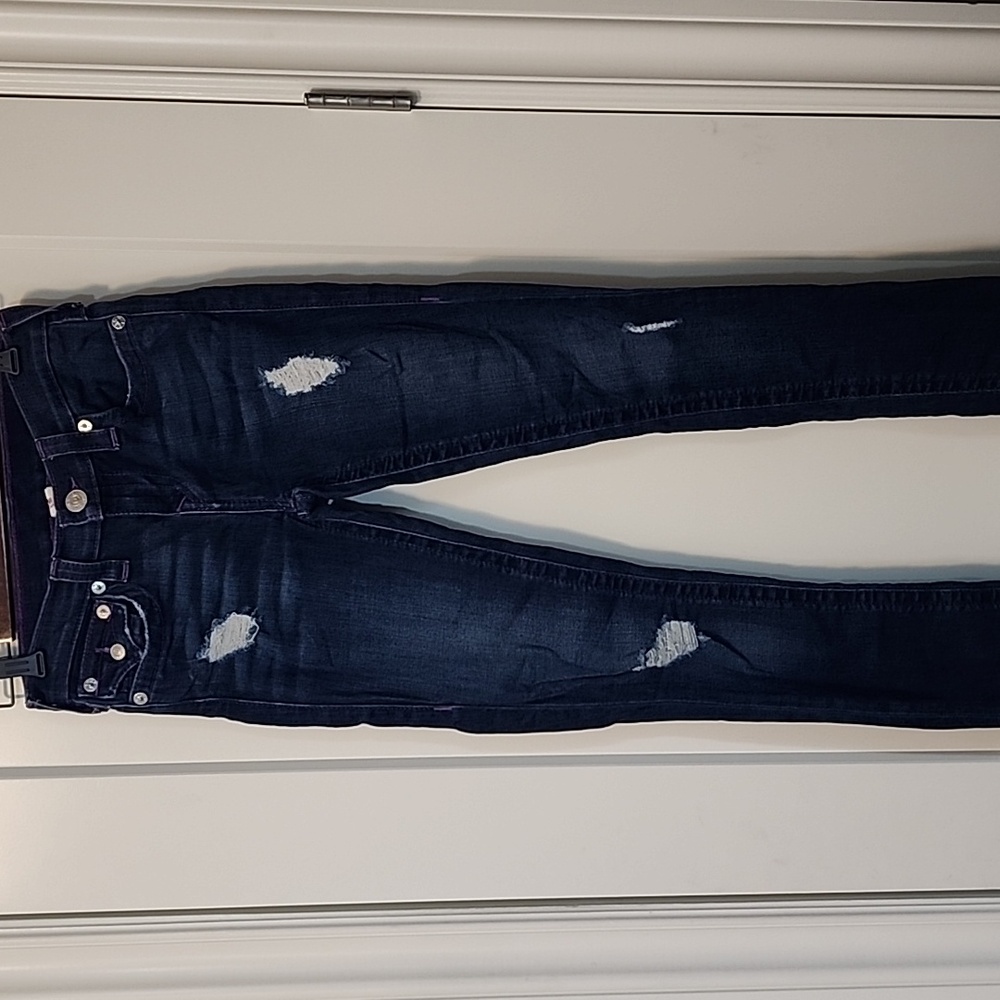 True Religion Dark Blue Distressed Super Skinny Jeans Neon Purple Stitch